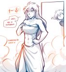  2019 abs alternate_species anthro athletic basitin blush bodily_fluids breasts chest_wraps cleavage clothed clothing conditional_dnp dialogue door duo english_text female hi_res human humanized inside keith_keiser king_adelaide male mammal midriff monochrome navel peeking sign simple_background sketch solo_focus stare steam sweat text tom_fischbach towel towel_only twokinds webcomic white_background wraps 