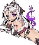 1girl asherah_(sennen_sensou_aigis) ass breasts elbow_gloves gloves large_breasts long_hair looking_at_viewer lying nemui_(nemui) no_panties on_stomach parted_lips purple_eyes sennen_sensou_aigis sideboob silver_hair simple_background solo white_background 