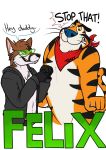  ! angry anthro binturongboy duo english_text felid frosted_flakes hi_res kellogg&#039;s male mammal mascot pantherine scarf text tiger tony_the_tiger 