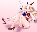  1girl absurdres american_flag american_flag_print animal_ears artist_name ass blonde_hair blue_eyes blush bow bowtie breasts bunny_ears bunny_girl bunnysuit cleavage dated didagger eyebrows_visible_through_hair fake_animal_ears flag_print girls_und_panzer heart heart-shaped_pupils high_heels highres kay_(girls_und_panzer) large_breasts leotard long_hair pink_background red_footwear red_neckwear shiny shiny_hair simple_background smile solo symbol-shaped_pupils tongue tongue_out 