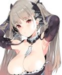  1girl armpits azur_lane bangs bare_shoulders between_breasts black_dress blush breasts cleavage closed_mouth collarbone dress earrings eyebrows_visible_through_hair formidable_(azur_lane) frilled_dress frills grey_hair hair_ribbon hands_in_hair hands_up head_tilt highres jewelry large_breasts long_hair long_sleeves looking_at_viewer magaeshi red_eyes ribbon simple_background solo tied_hair twintails white_background 