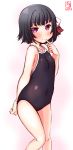  1girl alternate_costume arm_behind_back artist_logo bare_legs black_hair blue_swimsuit collarbone competition_school_swimsuit covered_navel covered_nipples cowboy_shot dated eyebrows_visible_through_hair finger_to_mouth flat_chest hair_between_eyes hair_ribbon highres ishigaki_(kantai_collection) kanon_(kurogane_knights) kantai_collection looking_at_viewer new_school_swimsuit one-piece_swimsuit red_eyes red_ribbon revision ribbon school_swimsuit short_hair signature simple_background smile solo standing swimsuit white_background white_ribbon 