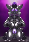  2019 absurd_res anthro bdsm black_nose bulge canid canine canis clothing digital_drawing_(artwork) digital_media_(artwork) drone gas_mask glistening handwear harness hi_res kneeling koamaro lock looking_at_viewer male mammal mask mittens mohawk_(disambiguation) purple_background purple_eyes ringed_eyes rubber simple_background solo soul-silver-dragon spiral wolf 