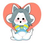  &lt;3 blush bottomless canid canine censored clothed clothing female feral fur grey_hair hair heart_background legs_up looking_at_viewer mammal mosaic_censorship open_mouth paws presenting presenting_pussy pussy semi-anthro shirt solo tem temmie_(undertale) topwear undertale unknown_artist video_games white_fur 