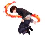  1boy brown_eyes brown_hair denim fire from_behind hand_in_pocket jacket jeans jumping juu_satoshi kusanagi_kyou leather leather_jacket looking_at_viewer looking_back male_focus pants parted_hair pointing pyrokinesis short_hair solo the_king_of_fighters 