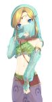  1boy alternate_costume blonde_hair blue_eyes bridal_gauntlets bridal_veil commentary_request covered_mouth crossdressing detached_sleeves gerudo_link highres link looking_at_viewer meimone midriff navel otoko_no_ko pointy_ears simple_background solo stomach the_legend_of_zelda the_legend_of_zelda:_breath_of_the_wild veil white_background 