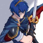  1boy armor blue_eyes blue_hair cape falchion_(fire_emblem) fingerless_gloves fire_emblem fire_emblem:_mystery_of_the_emblem from_above gloves juu_satoshi looking_up male_focus marth_(fire_emblem) sidelocks solo tiara 