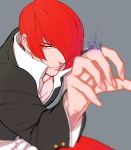  1boy blurry choker depth_of_field fire hair_over_one_eye high_collar juu_satoshi male_focus purple_fire pyrokinesis red_eyes red_hair solo the_king_of_fighters yagami_iori 