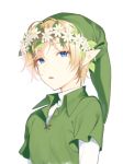  1boy bangs blonde_hair blue_eyes commentary_request earrings flower green_headwear green_shirt hair_flower hair_ornament hat jewelry link looking_at_viewer meimone open_mouth pointy_ears shirt short_hair simple_background solo teeth the_legend_of_zelda upper_body white_background white_flower white_shirt 