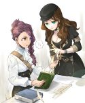  2girls ? black_headwear book breasts brown_eyes brown_hair cleavage closed_mouth dorothea_arnault earrings fire_emblem fire_emblem:_three_houses garreg_mach_monastery_uniform green_eyes hat holding holding_book jewelry long_hair long_sleeves multiple_girls open_book open_mouth petra_mcnairy ponytail purple_hair robaco sitting smile spoken_question_mark table uniform 