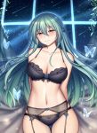  arms_behind_back bangs bare_shoulders black_bra black_legwear black_panties bra breasts brown_eyes bug butterfly cleavage collarbone commentary cowboy_shot garter_belt garter_straps green_hair groin guardian-panda highres honkai_(series) honkai_impact_3rd insect large_breasts long_hair looking_at_viewer navel panties planck shooting_star sky smile star_(sky) starry_sky stomach tareme thighhighs thighs underwear very_long_hair 