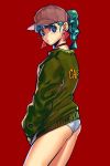  1girl alternate_hairstyle ass baseball_cap blue_eyes braid bulma choker dragon_ball dragon_ball_(classic) flat_ass green_hair green_jacket hat highres jacket jacket_tug looking_at_viewer mole mole_on_neck no_pants okada_(hoooojicha) panties ponytail red_background red_choker red_earrings single_braid solo standing teenage triangle_earrings underwear white_panties 