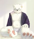  2018 anthro belly clothing eyewear fur glasses hi_res humanoid_hands male mammal moobs navel nipples overweight overweight_male polar_bear scar simple_background sitting slanwanco solo underwear ursid ursine white_fur 