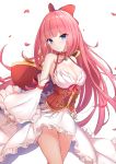  1girl bangs bare_shoulders blue_eyes bow breasts cleavage commentary_request corset detached_sleeves dress ensiro eyebrows_visible_through_hair hair_bow highres large_breasts long_hair long_sleeves looking_at_viewer pink_hair ragnarok_online red_bow smile solo very_long_hair white_dress white_sleeves wide_sleeves 
