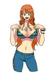  1girl between_breasts bikini_top bracelet breasts brown_eyes cropped_legs denim green_bikini_top highres huge_breasts jeans jewelry long_hair looking_down midriff money nami_(one_piece) navel okada_(hoooojicha) one_piece open_mouth orange_hair pants shiny shiny_skin slender_waist solo standing strap_pull white_background 