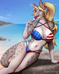  2019 anthro beach bikini biped breasts clothing day detailed_background digital_media_(artwork) equid eyebrows eyelashes felid female fingers hi_res horn hybrid leopard mammal midriff navel open_mouth outside pantherine robyn_paperdoll sand seaside shoreline sky solo swimwear teeth tongue unicorn water 