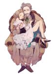  1boy 1girl beard black_footwear blue_eyes blue_skirt blush brown_hair brown_pants chair closed_eyes error facial_hair fire_emblem fire_emblem:_three_houses gloves green_neckwear grey_hair hanneman_von_essar hetero hug lapel_pin looking_at_viewer manuela_casagranda monocle mustache pants shoes short_hair shourou_kanna simple_background sitting skirt sleeping smile sweatdrop white_background white_gloves wide_sleeves 