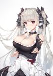  1girl absurdres arms_under_breasts azur_lane bangs bare_shoulders between_breasts black_dress black_nails blush breasts cleavage dress earrings eyebrows_visible_through_hair formidable_(azur_lane) frilled_dress frills grey_background grey_hair hair_ornament hair_ribbon highres j-cube jewelry large_breasts long_hair long_sleeves looking_at_viewer red_eyes ribbon simple_background solo twintails 