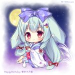  1girl alcohol animal_ears bangs blue_bow blue_hair blue_kimono blush bow bunny_ears character_name chibi closed_mouth commentary_request cup eyebrows_visible_through_hair flower full_body full_moon hair_between_eyes hair_bow hair_flower hair_ornament hair_ribbon hairclip happy_birthday japanese_clothes kimono long_hair long_sleeves low-tied_long_hair moon night night_sky open_clothes purple_flower red_eyes red_ribbon ribbon ryuuka_sane sakazuki sake sidelocks sitting sky smile socks solo star_(sky) starry_sky tarumi_konoha tokkuri twitter_username very_long_hair white_legwear wide_sleeves yorite_konoha_wa_kurenai_ni 