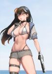  1girl bangs bikini black_choker black_gloves black_hair blue_sky blush breasts brown_eyes choker cleavage collarbone cowboy_shot cropped_jacket day earrings facial_mark finger_to_mouth gloves gold grey_bikini grey_shorts groin gun highleg highleg_bikini highres holding holding_gun holding_weapon hoop_earrings ihobus jacket jewelry long_hair navel ocean open_clothes open_jacket open_mouth original outdoors partly_fingerless_gloves short_shorts shorts sidelocks skindentation sky solo stomach swimsuit thigh_strap thighs visor_cap weapon white_bikini 