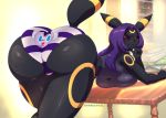  2019 anthro bent_over big_butt bodily_fluids book bookshelf breasts butt butt_focus claire_(aj_the_flygon) clothing eeveelution female gothita hair hi_res long_hair nintendo orange-peel panties pok&eacute;mon pok&eacute;mon_(species) presenting purple_hair red_eyes signature solo sweat table umbreon underwear video_games wide_hips 