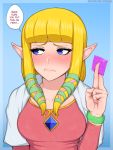  1girl afrobull artist_name bangs between_fingers blonde_hair blue_eyes blunt_bangs blush bracelet condom condom_wrapper dress embarrassed english_text furrowed_eyebrows holding holding_condom jewelry long_hair looking_away pointy_ears princess_zelda sidelocks solo sweatdrop the_legend_of_zelda the_legend_of_zelda:_skyward_sword upper_body 