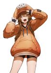  1girl backpack bag black_gloves black_legwear blush brown_hair buckle fingerless_gloves flasso gloves guilty_gear guilty_gear_2020 hair_between_eyes hat highres hood hoodie lower_teeth may_(guilty_gear) open_mouth orange_eyes orange_headwear orange_hoodie simple_background skull sleeves_past_wrists smile solo standing upper_teeth white_background 