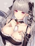  1girl azur_lane bangs bare_shoulders between_breasts black_dress blush breasts cleavage dress earrings eyebrows_visible_through_hair formidable_(azur_lane) frilled_dress frills grey_hair hair_ornament hair_ribbon highres jewelry large_breasts long_hair long_sleeves looking_at_viewer me_meel red_eyes ribbon solo twintails 
