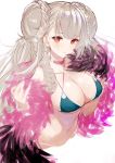  1girl ahoge alternate_costume azur_lane bangs bikini blue_bikini blush braid breasts choker cleavage cropped_torso double_bun feathers formidable_(azur_lane) formidable_(the_lady_of_the_beach)_(azur_lane) inayama large_breasts long_hair looking_at_viewer navel outdoors red_eyes ribbon sidelocks solo swimsuit very_long_hair 