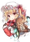  1girl artist_name bangs black_gloves blonde_hair blush bow bowtie commentary_request crystal eyebrows_visible_through_hair flandre_scarlet gloves hair_between_eyes hat hat_bow highres jacket long_hair long_sleeves looking_at_viewer mob_cap one_side_up open_mouth partial_commentary raina_017 red_bow red_eyes red_jacket signature simple_background sketch snowflakes solo stuffed_animal stuffed_toy teddy_bear touhou upper_body white_background white_headwear wings 