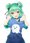  1girl 223_(pixiv332210012) absurdres alternate_costume bangs black_undershirt blue_ribbon blue_shirt blush collar collarbone double_bun earrings eyebrows_visible_through_hair fang flat_chest ghost_pose ghost_print green_hair hair_between_eyes hair_ornament hair_ribbon highres hololive jewelry looking_at_viewer medium_hair open_mouth red_eyes ribbon shirt single_bare_shoulder skull_collar skull_earrings skull_hair_ornament solo uruha_rushia virtual_youtuber white_background 