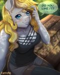 2019 absurd_res anthro blonde_hair blue_eyes blush breasts cleavage clothed clothing dialogue digital_media_(artwork) english_text equid evo_(oc) evomanaphy eyelashes fan_character female freckles hair hi_res long_hair looking_at_viewer mammal my_little_pony smile solo speech_bubble text 