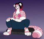  4_toes 5_fingers anthro black_lips carifoxleopard clothed clothing felid female fingers fur lips mammal open_mouth pantherine pink_fur pink_spots sitting snow_leopard solo spots spotted_fur teeth toes tongue whiskers 