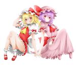  2girls :/ :q arm_across_waist blonde_hair blouse blush bobby_socks bow brooch commentary_request cravat eyebrows_visible_through_hair flandre_scarlet frilled_skirt frills hair_between_eyes hand_on_headwear hands_together hat hat_ribbon head_tilt jewelry knees_together_feet_apart knees_up long_skirt looking_at_viewer makoto5391 mary_janes mob_cap multiple_girls no_wings petticoat pink_blouse pink_footwear pink_headwear pink_nails pink_skirt puffy_short_sleeves puffy_sleeves purple_hair red_bow red_eyes red_footwear red_neckwear red_skirt red_vest remilia_scarlet ribbon shirt shoes short_hair short_sleeves siblings side-by-side side_ponytail simple_background sisters sitting skirt socks tongue tongue_out touhou vest white_background white_headwear white_legwear white_shirt wrist_cuffs yellow_neckwear 