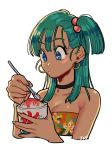  1girl :o absurdres bangs bare_arms beads blue_eyes blue_hair blunt_bangs blush breasts bulma choker cleavage cropped_torso dragon_ball dragon_ball_(classic) dragon_ball_z dress earrings floral_print food hair_bobbles hair_ornament highres hoop_earrings ice_cream jewelry long_hair medium_breasts okada_(hoooojicha) shaved_ice simple_background solo spoon strapless strapless_dress white_background 