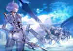  armor ass ayanami_rei blue_hair bodysuit clouds maeshima_shigeki mecha neon_genesis_evangelion pink_eyes ruins short_hair skintight sky sword weapon 