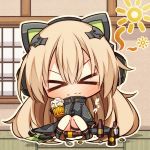  &gt;_&lt; 1girl 7:08 alcohol animal_ears beer beer_bottle beer_mug black_gloves black_jacket blonde_hair bottle_cap bottle_opener cat_ear_headphones cat_tail chibi closed_eyes closed_mouth fake_animal_ears girls_frontline gloves gun headphones highres jacket long_hair sitting solo steyr_tmp submachine_gun tail tmp_(girls_frontline) very_long_hair weapon 