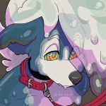  1:1 2019 absurd_res ambiguous_gender anthro black_nose canid canine collar digital_drawing_(artwork) digital_media_(artwork) goo_creature hi_res hypnosis leash lycanroc mammal midnight_lycanroc mind_control nintendo nude pok&eacute;mon pok&eacute;mon_(species) red_collar shiny_pok&eacute;mon simple_background solo spiral spiral_eyes video_games zibe 