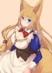  1girl animal_ears bangs blonde_hair blue_eyes blush bow bowtie breasts cleavage dress eyebrows_visible_through_hair fox_ears frills haik long_hair looking_at_viewer maid original parted_lips pink_background simple_background solo very_long_hair 