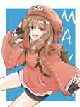  1girl backpack bag bangs bike_shorts black_gloves blunt_bangs brown_eyes brown_hair character_name commentary_request eyebrows_visible_through_hair fingerless_gloves gloves guilty_gear guilty_gear_2020 hat hood hood_down kazesakura_(ranpakun) may_(guilty_gear) medium_hair orange_headwear orange_hoodie pirate_hat skull_and_crossbones solo 