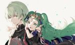  1boy 1girl 9750isz armor black_armor braid byleth_(fire_emblem) byleth_(fire_emblem)_(male) closed_mouth fire_emblem fire_emblem:_three_houses green_eyes green_hair hair_ornament long_hair manakete open_mouth pointing pointy_ears short_hair simple_background smile sothis_(fire_emblem) tiara twin_braids upper_body white_background 