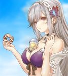  1girl absurdres azur_lane bangs bare_shoulders bikini black_choker breasts bubble_tea bubble_tea_challenge butterfly_hair_ornament choker cleavage commentary_request cup disposable_cup doughnut dunkerque_(azur_lane) dunkerque_(summer_sucre)_(azur_lane) earrings food grey_hair hair_ornament highres holding holding_food jewelry long_hair looking_at_viewer pastry purple_bikini_top red_eyes sidelocks solo sweets swimsuit tomozou-1971 