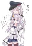  2girls :o bangs black_headwear black_legwear blue_eyes blush closed_eyes facial_scar fathom food gangut_(kantai_collection) grey_hair hat hibiki_(kantai_collection) highres holding holding_food jacket kantai_collection long_hair long_sleeves military_jacket multiple_girls open_mouth pleated_skirt sailor_collar scar school_uniform serafuku silver_hair simple_background skirt steam sweat sweet_potato thighhighs translation_request verniy_(kantai_collection) white_background 