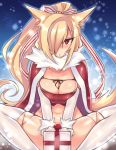  2014 acechan_f animal_humanoid armwear blonde_hair blush bow_tie breasts canid canid_humanoid canine canine_humanoid cape christmas christmas_present cleavage clothed clothing elbow_gloves female fluffy fluffy_tail fox_humanoid fur gift gloves hair hair_over_eye handwear hi_res holidays humanoid legwear long_hair looking_at_viewer mammal mammal_humanoid navel open_mouth red_eyes sitting skimpy solo spread_legs spreading thigh_highs yellow_fur 