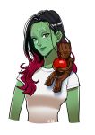  1boy 1girl apple black_eyes black_hair food fruit gamora green_skin grey_eyes groot guardians_of_the_galaxy highres light_smile lips marvel miniboy multicolored_hair no_feet no_pupils okada_(hoooojicha) purple_hair shirt sitting_on_shoulder size_difference t-shirt two-tone_hair younger 