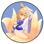 1girl animal_ears arm_up bangs blonde_hair blush bra breasts brother_(artist) circle commentary_request eyebrows_visible_through_hair fox_ears fox_tail frilled_bra frills groin hair_between_eyes hand_on_headwear hat highres lifted_by_self light_smile looking_at_viewer medium_breasts multiple_tails navel pillow_hat round_image shirt shirt_lift short_hair short_sleeves solo stomach tabard tabard_lift tail touhou underwear white_background white_bra white_headwear white_shirt wide_sleeves yakumo_ran yellow_eyes 