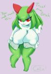  big_breasts breasts celia_(penlink) clothed clothing dialogue english_text female hair hi_res huge_breasts humanoid kirlia mammal masked-agent nintendo nipple_outline pok&eacute;mon pok&eacute;mon_(species) red_eyes short_stack simple_background solo text video_games 