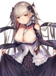  1girl azur_lane bangs bare_shoulders between_breasts black_dress black_nails blush breasts cleavage curtsey dress earrings eyebrows_visible_through_hair flight_deck formidable_(azur_lane) frilled_dress frills grey_hair hair_ornament hair_ribbon highres jewelry large_breasts leaning_forward long_hair long_sleeves looking_at_viewer mani_chi_mt red_eyes ribbon rigging simple_background skirt_hold solo twintails white_background 
