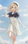  1girl a_rokhman absurdres black_neckwear black_shirt blonde_hair blue_eyes blue_sailor_collar blue_sky cloud day dress feet_out_of_frame gloves hat highres janus_(kantai_collection) kantai_collection looking_at_viewer open_mouth outdoors sailor_collar sailor_dress sailor_hat shirt short_hair short_sleeves sky smile solo white_dress white_gloves white_headwear 