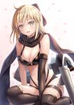  1girl :d ahoge bangs between_legs bikini black_bikini black_bow black_gloves black_legwear black_scarf blonde_hair blurry blurry_background blush bow breasts brown_eyes cleavage commentary_request depth_of_field elbow_gloves eyebrows_visible_through_hair fate/grand_order fate_(series) gloves gradient gradient_background hair_bow hand_between_legs highleg highleg_bikini highres layered_bikini looking_at_viewer medium_breasts navel okita_souji_(fate)_(all) okita_souji_(swimsuit_assassin)_(fate) open_mouth petals pink_background scarf single_glove smile solo swimsuit thighhighs toshi_(1-147) white_background 